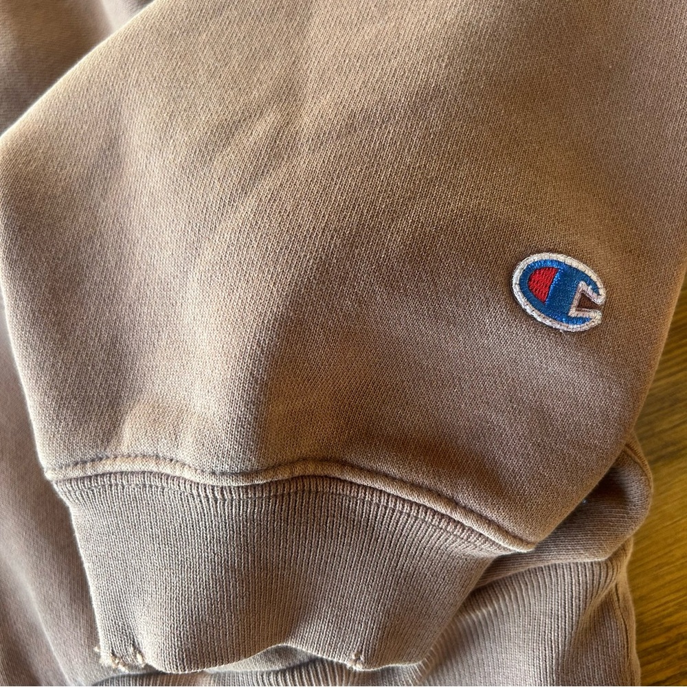 Champion Reverse Weave Mocha Distressed Cropped Hoodie Large - Picture 3 of 5